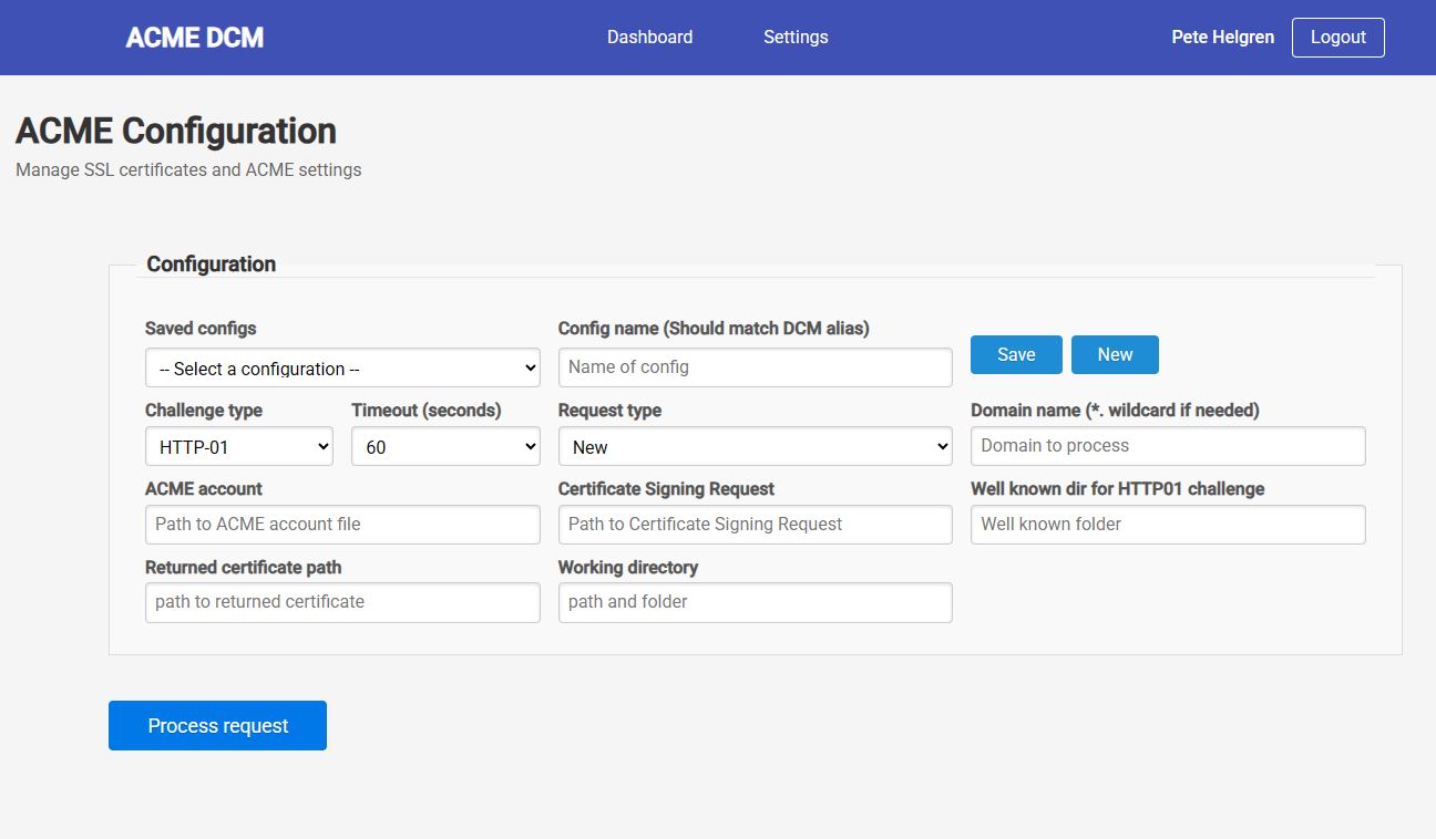 ACME for DCM interface showing IBM i SSL certificate management dashboard